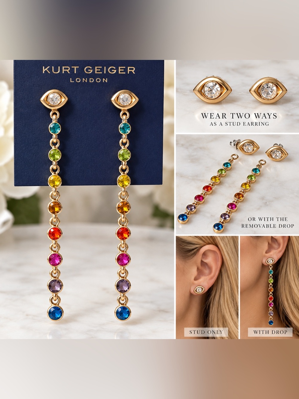 Kurt Geiger London Rainbow Crystal 2-Way Drop Stud Earrings Gold NWT